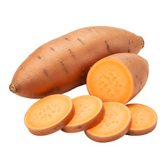 Fresh, raw sweet potato slices, showing vibrant orange color and clean texture. Isolated on a white background in PNG format, perfect for healthy food, diet, and cooking concepts.