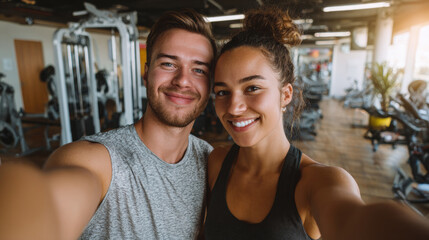Couple taking gym selfie after workout, happy and energetic, modern fitness interior