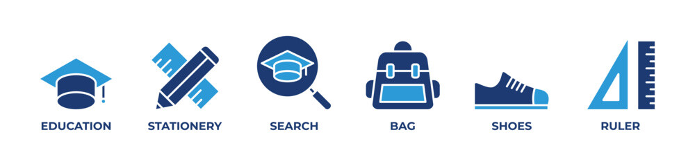 Tools for Learning Icons set vector illustration blue with Education, Stationery, Search, Bag, Shoes, Ruler