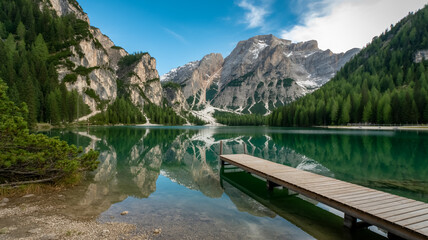 A scenic landscape photograph of the Pragser Wildsee (Lago di Braies) in the Dolomites, Italy.