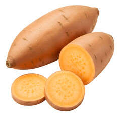Fresh, raw sweet potato slices, showing vibrant orange color and clean texture. Isolated on a white background in PNG format, perfect for healthy food, diet, and cooking concepts.