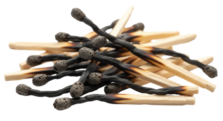 A pile of burnt and unburnt matchsticks isolated on white background cutout transparent png