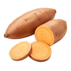 Fresh, raw sweet potato slices, showing vibrant orange color and clean texture. Isolated on a white background in PNG format, perfect for healthy food, diet, and cooking concepts.