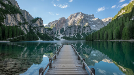 A scenic landscape photograph of the Pragser Wildsee (Lago di Braies) in the Dolomites, Italy.