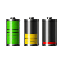 Three rechargeable batteries showing full medium and low charge levels power energy concept