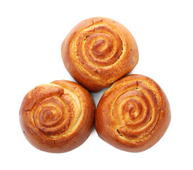 Tasty roll buns isolated on white, top view. Homemade pastry