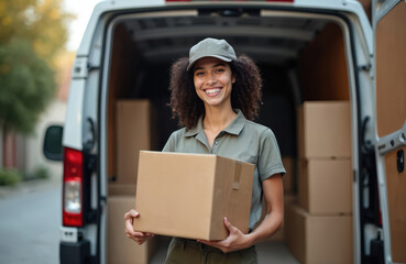 Young woman courier smiles holding package near open delivery van. She wears uniform and cap, ready for job. Parcels are stacked inside vehicle.