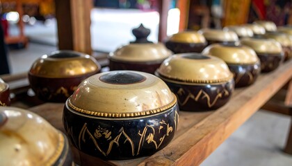 A close-up of a collection of musical instruments in a row. The instruments are round with brown and cream-colored exteriors. A wooden bench supports them