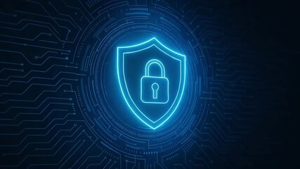 A neon shield icon with a lock symbol, representing cybersecurity and digital protection in a tech-themed background. - Powered by Adobe