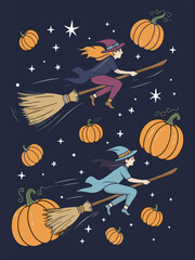 Halloween flying witches, cartoon witch characters riding broomsticks with pumpkins and stars, magical spooky night sky celebration, vector illustration