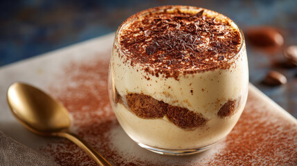 Glass of tiramisu dessert with cocoa dusting, styled for food photography