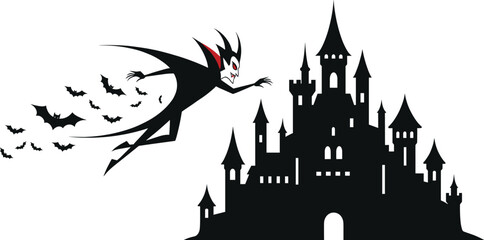 Halloween vampire flying to haunted castle, spooky night bats, gothic horror scene, dark fantasy silhouette art, vector illustration