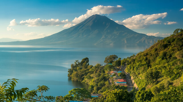 A scenic landscape photograph of Lake Atitl&aacute;n in Guatemala, featuring a towering volcanic mountain with a conical shape and dark gray slopes against a bright blue sky with white puffy clouds.