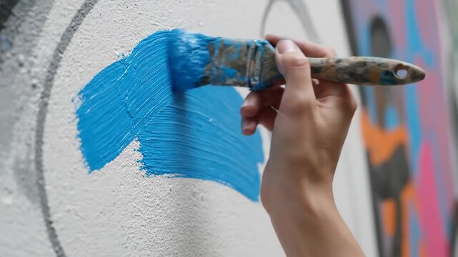 Close-up of a hand painting a textured white wall with a brush. Applying vibrant blue paint in horizontal strokes. Artistic process of creating street art or a mural