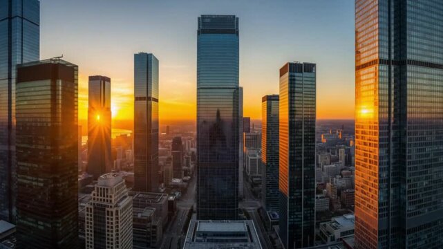 Soleil couchant sur la ville moderne