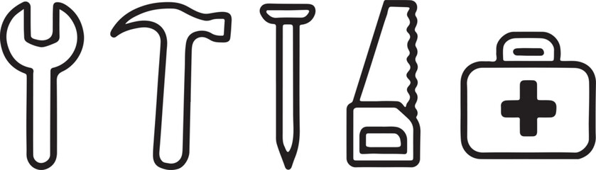 Minimal handyman tools line icon set with simple outline design for repair, service, and construction.