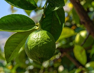 Lime Fruit on Branch with Green Leaves.