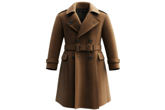 Brown wool trench coat with classic tailoring and wide lapels.
