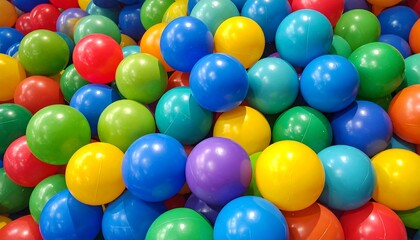A close-up of a colorful assortment of smooth, plastic spheres, densely packed. Various bright hues create a playful and vibrant texture