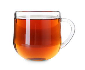Cup of aromatic black tea isolated on white