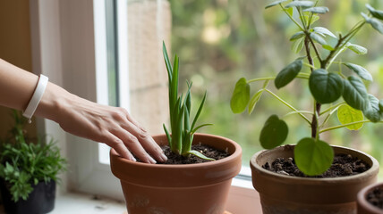 A close-up photograph of hands tending to potted plants on a windowsill.