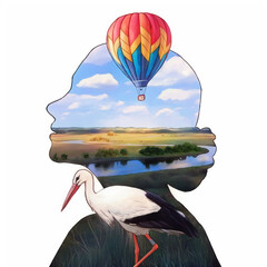 Ilustracja przyroda dzika rzeka bocian balon © ukasz