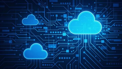 Futuristic digital clouds represent cloud computing on a circuit board background, symbolizing data storage and networking. - Powered by Adobe