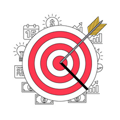 A minimalist business illustration featuring a large red and white concentric target with a black arrow hitting the center bullseye.