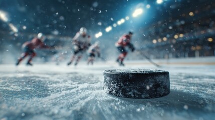Naklejka premium Close-up of an ice hockey puck with a team playing in the background