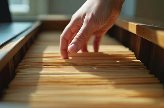 Hand searches through folders in a wooden cabinet. Person looks for document in a file drawer. Close up on fingers finding papers in archive. Information search in office. - Powered by Adobe