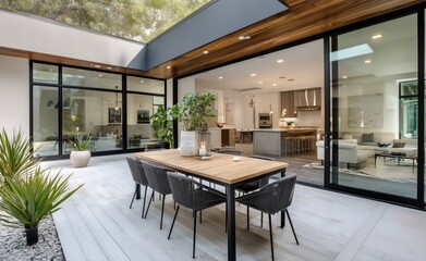 Modern Outdoor Dining Area With Lush Plants and Natural Light in a Contemporary Home Setting