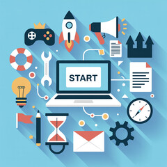 A flat design illustration of a business and productivity concept arranged around a central laptop with START text on its screen.