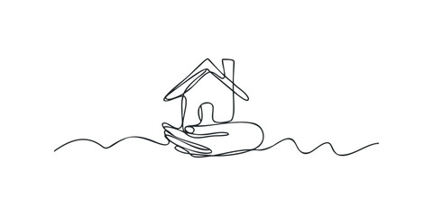 Hand holding a house, simplified line drawing