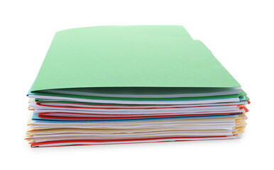 Stack of colorful folders with documents isolated on white
