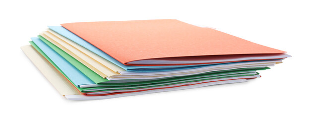 Stack of colorful folders with documents isolated on white
