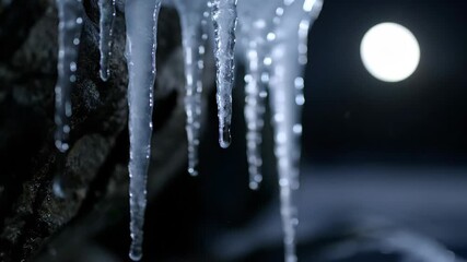 Close-up of icicles dripping water. Melting ice on a dark rock surface with a full moon in the background. Winter and cold weather concept - Powered by Adobe