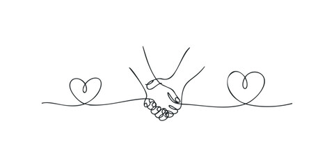 One line drawing of connected hands with hearts