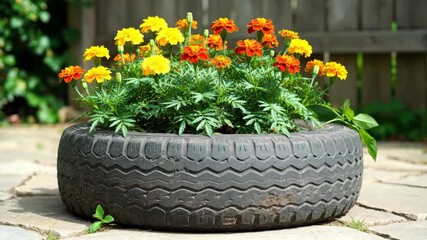 Old car tire repurposed as a vibrant planter filled with yellow and orange marigold flowers. Creative upcycling for outdoor gardening decor