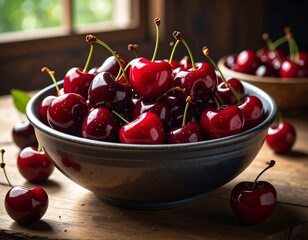A close-up captures a bowl overflowing with vibrant red cherries, droplets glistening. A second bowl and window are visible in the blurry background