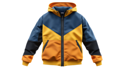 Colorblock zip-up jacket in mustard yellow and navy blue.

