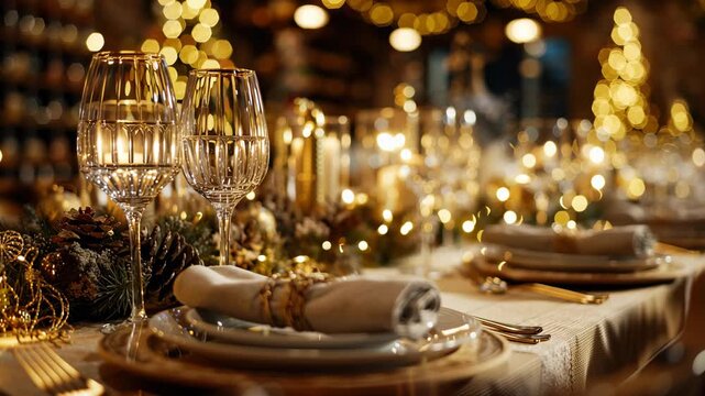 Elegant Christmas Dinner Table Set with Crystal Wine Glasses, Golden Candlelight, Festive Wreath Centerpiece, and Soft Warm Lighting Bokeh Background