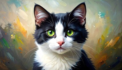 A close-up portrait of a domestic cat with black and white fur and striking green eyes against a blurred, colorful background