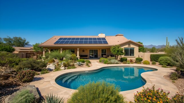 Beautiful desert home with a sparkling blue swimming pool and solar panels on the roof under a clear blue sky