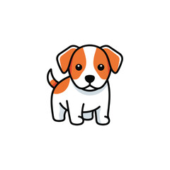 Cute cartoon puppy with brown and white fur standing on a white background, adorable pet illustration.