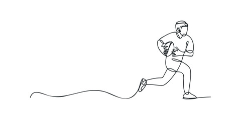 Continuous line drawing of a rugby player running with ball