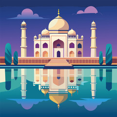 Stylized flat illustration of taj mahal reflection at dusk