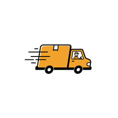 Orange delivery truck in motion representing fast shipping and logistics services vector on white background