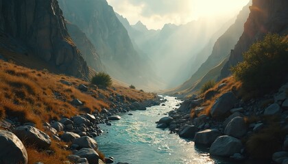 River flows through vast mountain valley. Golden sunlight breaks through cloudy skies, creating misty atmosphere. Steep rocky cliffs line sides with dry grass, sparse bushes. Calm water reflects warm