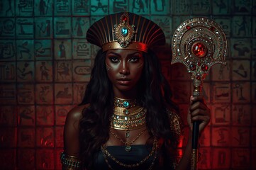 Egyptian sorcerer adorned in gold and jewels under glowing mystical hieroglyphic light