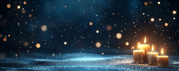 Four lit candles glowing on a sparkling blue glitter surface with golden bokeh lights